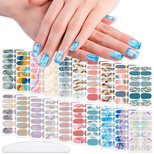 WOKOTO 20 Sheets 280 Pieces Marble Design Gradient Gel Nail Polish Strips, Full Wraps Stick On Press On Nails for Women Gradient Nail Art Gel Stickers Wraps, Easy Application, Salon Quality