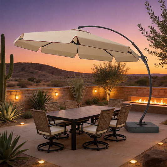 EO Living 11FT Cantilever Patio Umbrella with Base, 360° Rotation Offset Outdoor Umbrella, Heavy Duty Rust-Resistant, UV Protection Waterproof Shade for Backyard, Pool, Garden, Deck (Beige)