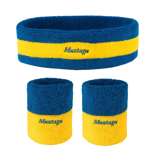 [3-Piece Set] Sweatbands for Men & Women - Includes 1 Headband & 2 Wristbands - Blue & Yellow Terry Cloth Athletic Sweat Bands - Moisture Wicking for Basketball, Tennis, Gym, Running