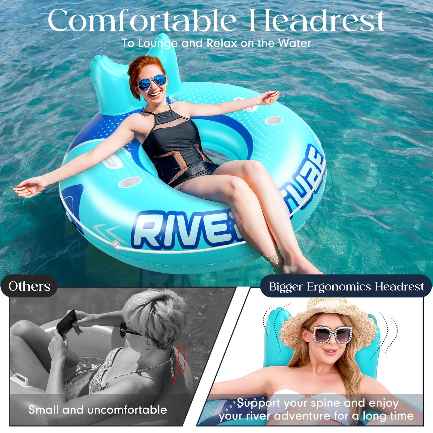 Glimin 6 Pcs Green Blue 53" Heavy Duty River Tube Float Inflatable Pool Floating Tube for Adult Large River Raft Water Chair Lounger with Mesh Bottom Backrest 2 Cup Holders and Handles, Holds 300lb