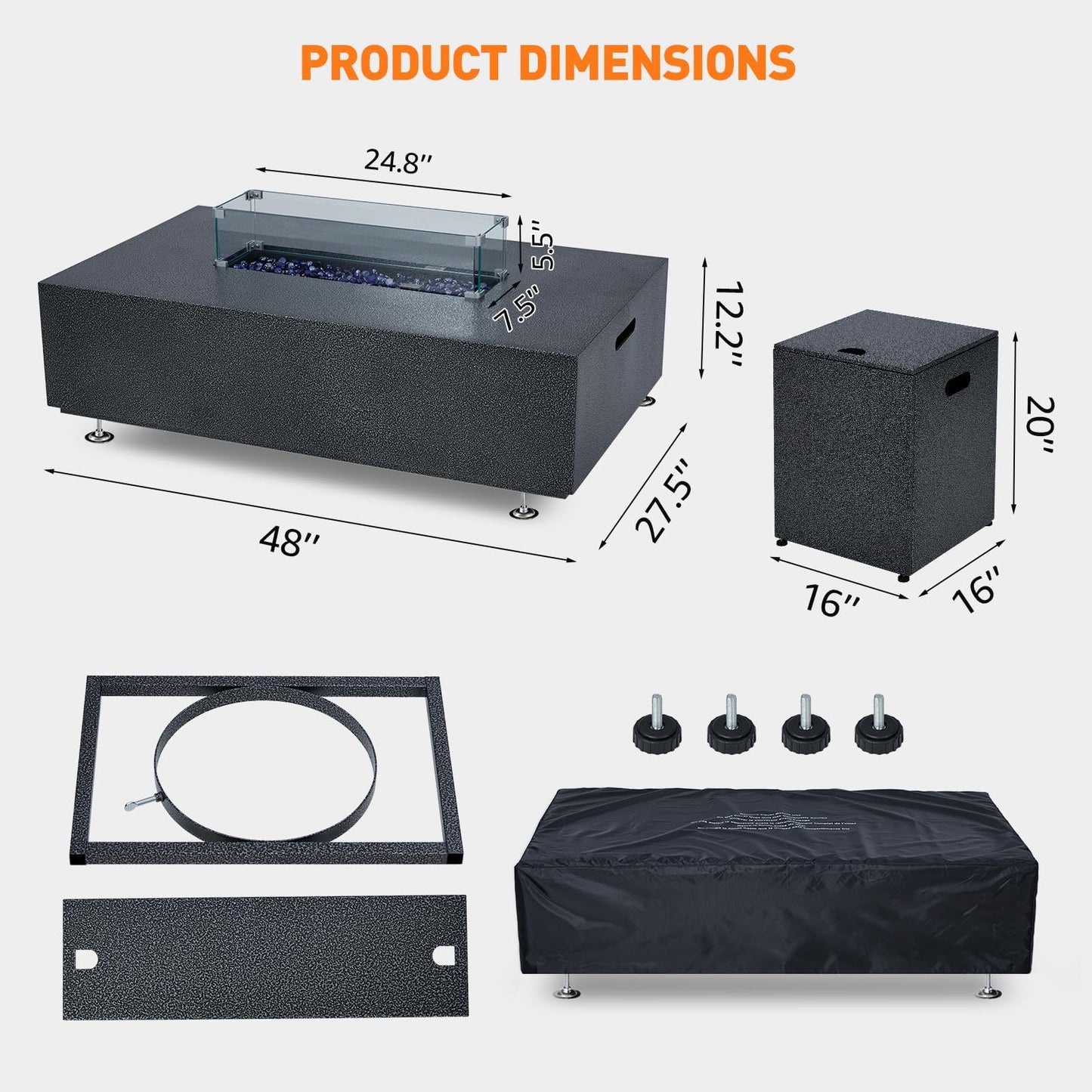 GarveeLife 48 in Outdoor Fire Table, 48 in Rectangle Propane Gas Fire Pit Table, 50,000 BTU Modern Firepit with 16 in Tank Cover Side Table, Wind Guard, Fire Glass, Rain Cover