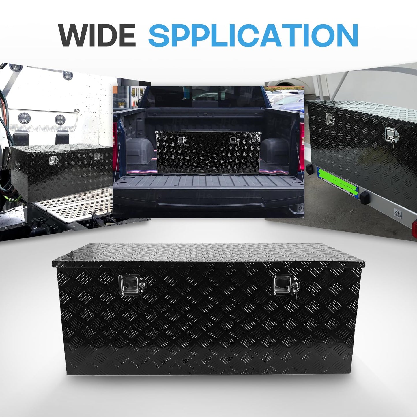 BLACKHORSE-RACING 48 Inch Heavy Duty Aluminum Tool Box Pick Up Truck Bed RV Trailer Toolbox Square Storage Organizer with Side Handle, Lock and Keys- Black48 x 19.5" x 17.5 "