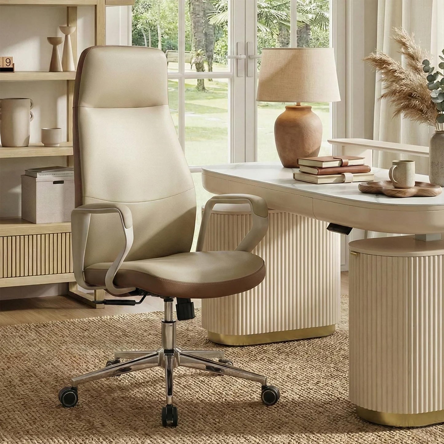 EUREKA ERGONOMIC Clara Executive Office Chair, Modern Leather Desk Chair with Back Support, Aesthetic Home Office Chair with 3-Position Recline Lock, Beige Brown