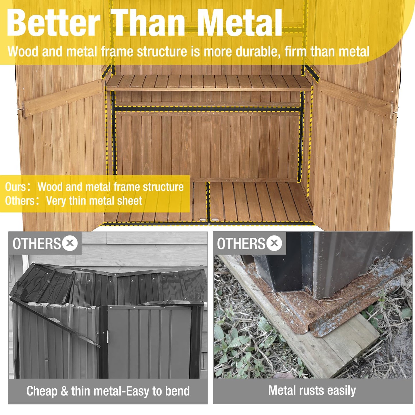 Aivituvin Storage Shed Outdoor Storage Cabinet Upgraded with All Arounded Metal Frame, Wooden Floor and Adjustable Shevels 55" L x 29" W x 67" H, Brown