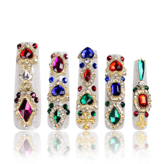 LOVFUL Press on Nails Treasure Trove Rhinestone | Handmade with Full Covered Crystals | Reusable Full Cover Nails | Square Mid length 1.7 in | H103-M