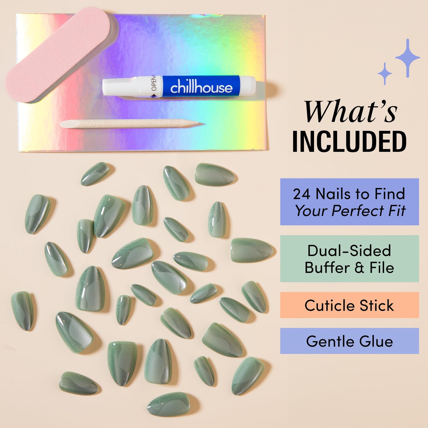Chillhouse - Chill Tips, Press on Nails Kit - Sea Siren (Almond) - 30 Nail Shapes & Sizes - Up to 2 Weeks of Wear - Customizable Fit - Reusable - Latina Founded & Women Owned - Beauty & Self Care