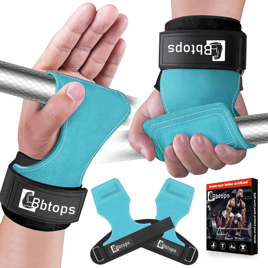 Weight Lifting Wrist Strap, Double-Layer Leather Wrist Straps for Gym Strength Training Weightlifting,Deadlift and Powerlifting, Enhance Grip Strength Neoprene Padding Gym Workout Lifting Straps for Men & Women (Pair) blue