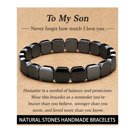HEYOLL Hematite Bracelet Men Natural Stones Handmade Bracelets Hematite Stone Healing Bracelet, Mens Bracelet Gifts for Husband Brithday Valentines Day Gifts for Men