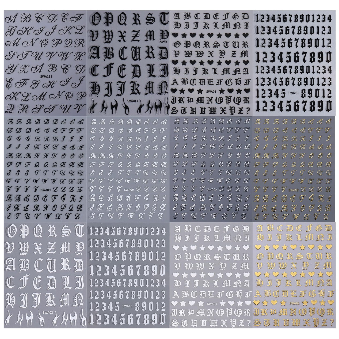 Letters Nail Art Stickers Decals 12 Sheets Alphabet Initial Nail Decals 3D Self-Adhesive White Black Gold Old English Gothic Letter Sticker for Nails Art Women DIY Manicure Decoration Accessories