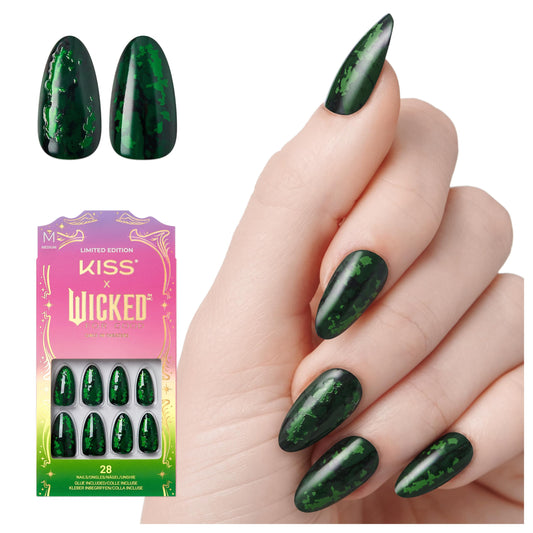 KISS X WICKED: FOR GOOD Press On Nails Almond, ‘My Future Is Unlimited’, Green, Medium, Waterproof, Chip Proof, Smudge Proof, 28 Fake Nails, Pink Gel Nail Glue (2g), Mini Nail File, & Manicure Stick