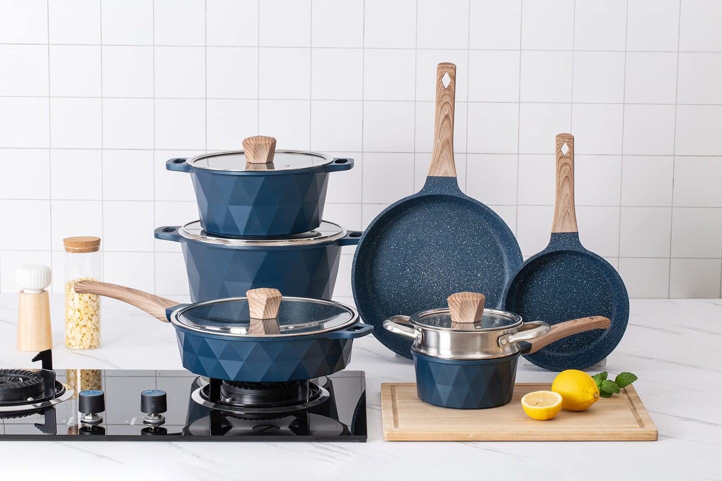 Country Kitchen Non-Stick Cast Aluminum Cookware Set - Durable Kitchen Cookware for Everyday Cooking, Navy Diamond, 11 Pc.