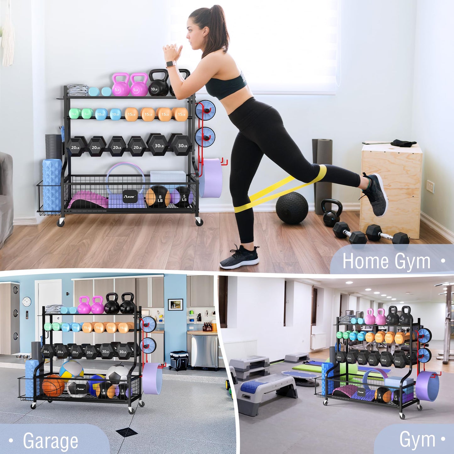 PLKOW Extra Wide Dumbbell Rack, Upgraded Weight Rack for Dumbbells Kettlebells Yoga Mat and Balls, Heavy Duty Home Gym Storage with Wheels and Hooks, Large Capacity Workout Organizer