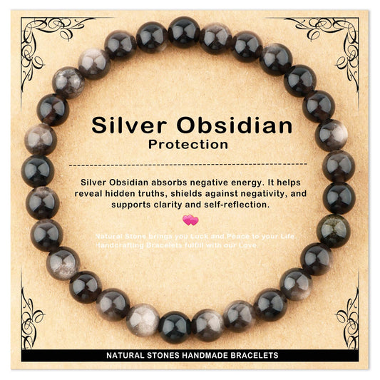 AD Beads 6mm Handmade Silver Obsidian Elastic Bracelet – Natural Gemstone for Protection – Meditation, Yoga, Healing and Energy Gift for Men Women