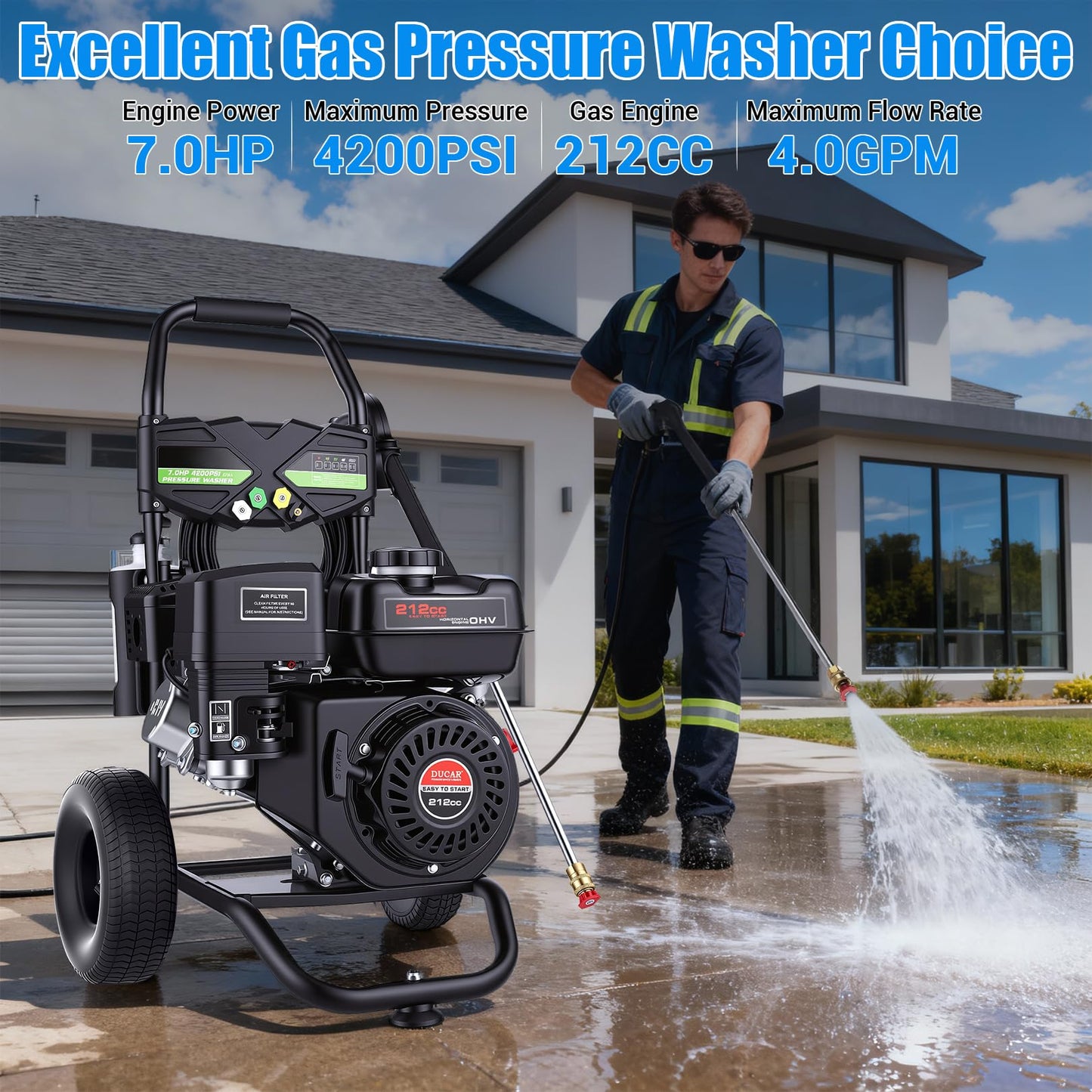 4200PSI Gas Pressure Washer 4.0GPM Gas Power Washer 212CC Gas Powered Washing Machine Commercial High Pressure Washer with 25ft Hose&5 Nozzles for Patio Garden Yard Vehicle,EPA/CARB/ETL