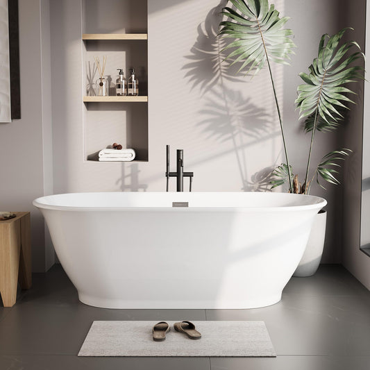 59 inch Acrylic Oval Rim Freestanding Bathtub, Full White, Comfort Soaking Tub for Home Spa & Muscle Recovery, Pop-Up Chrome Drain, Free Standing Bathtub for Bathroom