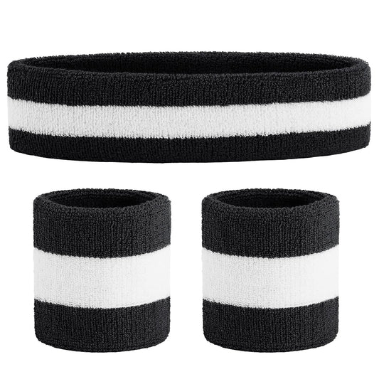 ONUPGO Grey Sweatband Set Sports Headband Wrist Striped Sweatbands Terry Cloth Wristband Athletic Exercise Basketball Wrist Sweatband and Headbands Moisture Wicking Sweat Absorbing Head Band