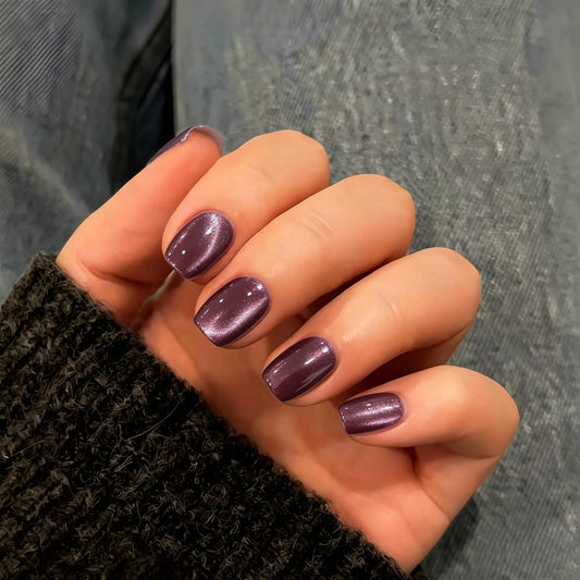 KQueenest Cat Eye Press on Nails Short, 30 Pcs Chrome Plum Red Press on Nails Square, Glitter Sparkly Fake Nails Press on Short, Reusable Soft Gel Glue on Nails for Women Salon-Quality Manicure