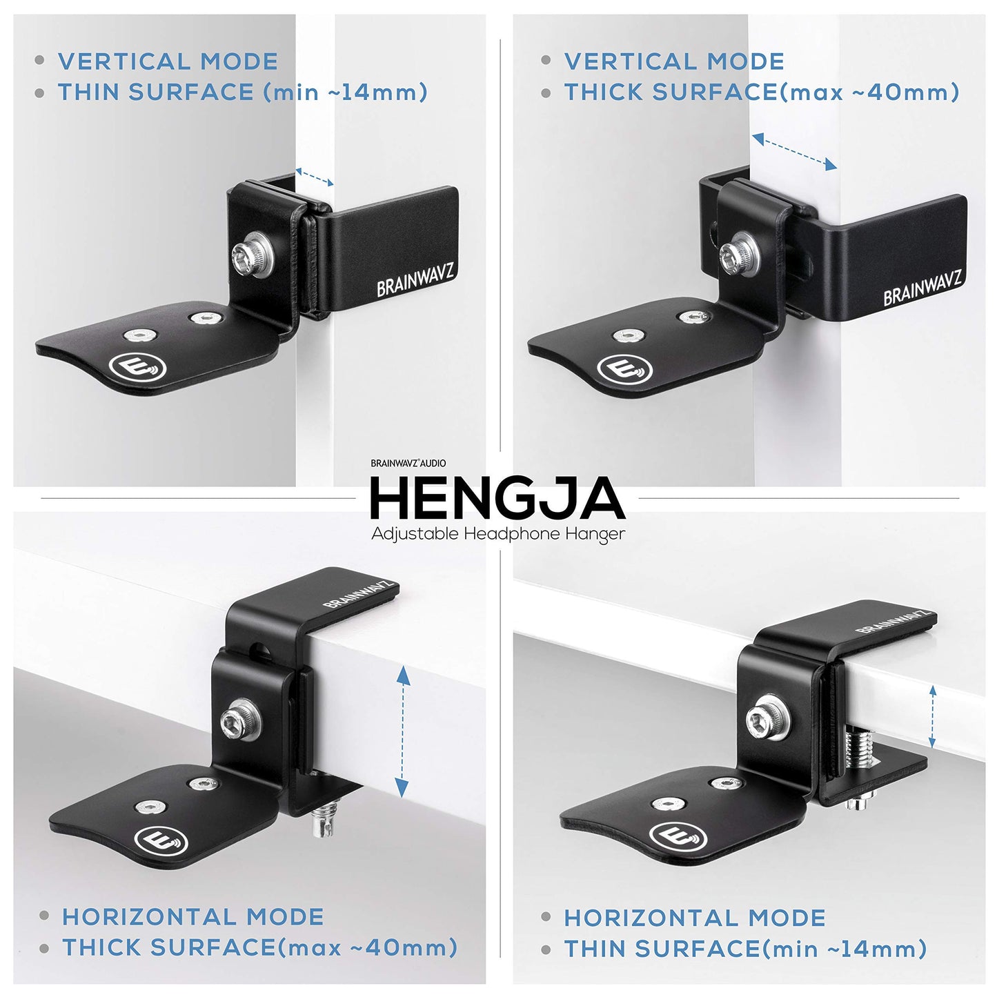 BRAINWAVZ Hengja - The Desk Headphone Stand Hanger Mount, All Metal, Rotatable Mount, PC & Gaming Headset Holder