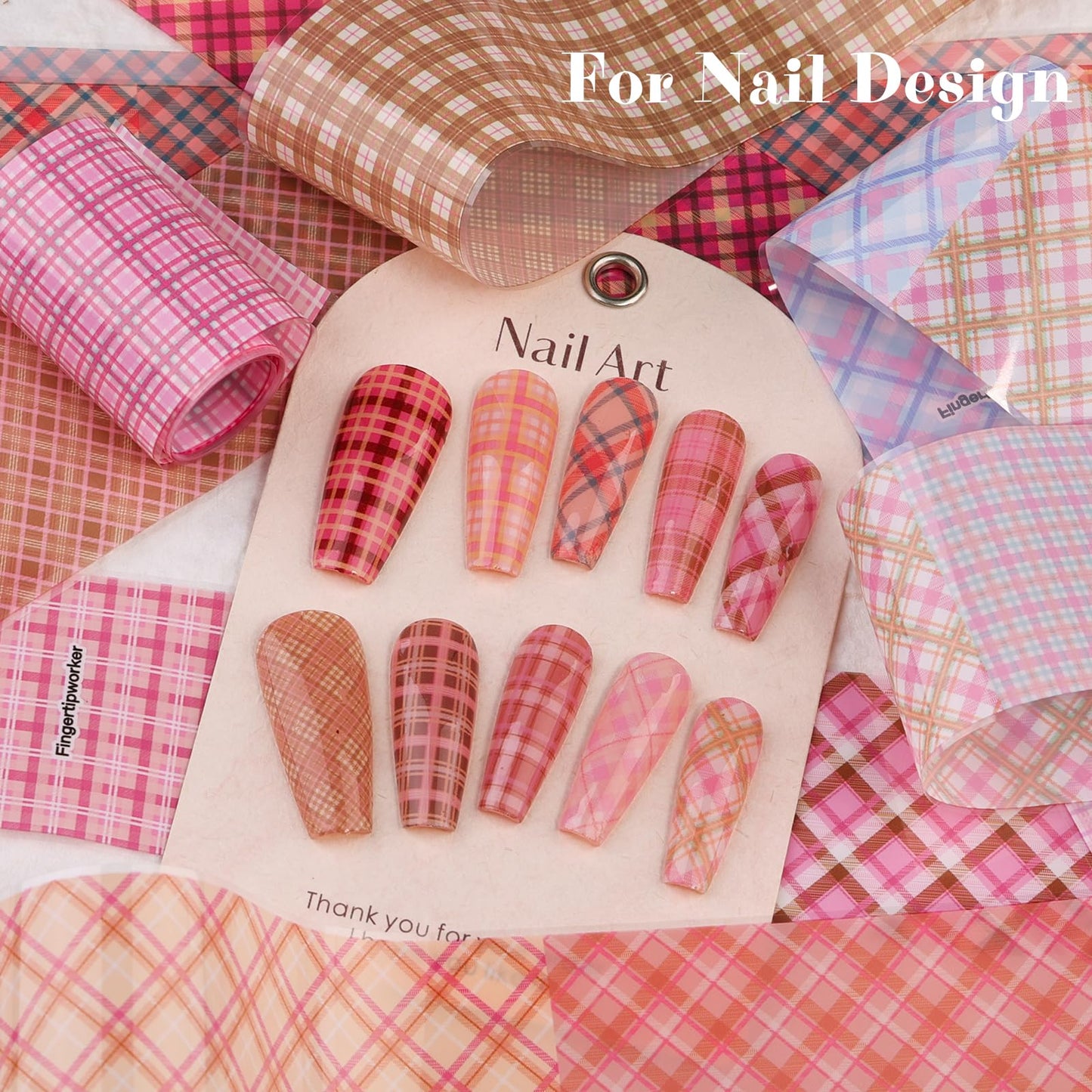 Plaid Nail Foil Transfer Sheets, 10 Rolls Pink Plaid Nail Stickers Transfer Foil with Checkered Prints for Nail Art, Starry Geometric Lines Manicure Wraps, Nail Foil Transfer Paper for Women