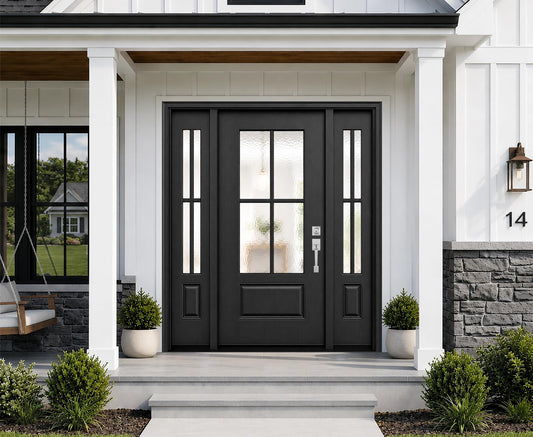 Exterior Fiberglass Front Door 68x80in, Left-Hand Inswing Black Entry Door with 14'' sidelites, Textured Finished with Hammered Glass Knock-Down Entry Door, Vinyl Frame and Brickmould Included