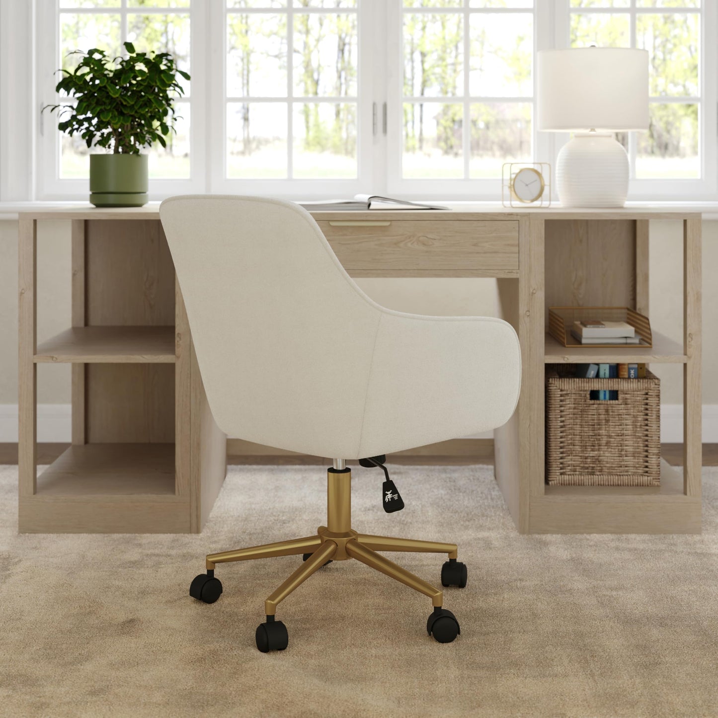 Martha Stewart Rayna Swivel Task Chair with Flared Arms for Home Office in Off White Fabric with Polished Brass Frame