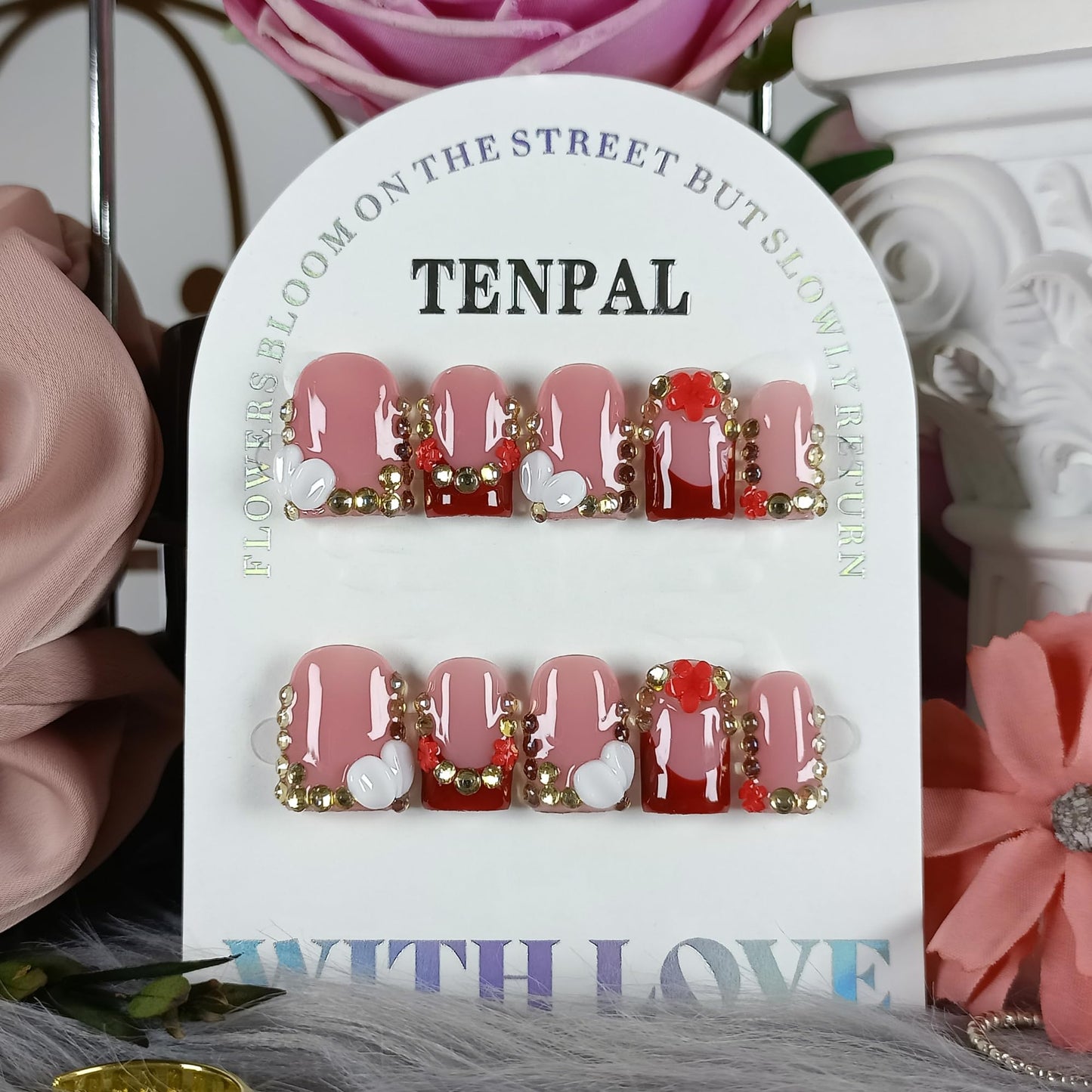 TENPAL Short Squoval Press on Nails - Red French Tip with Rhinestone Edge & Floral | Nude Pink Glossy Fake Nails | Clean Girl Manicure Set(S)
