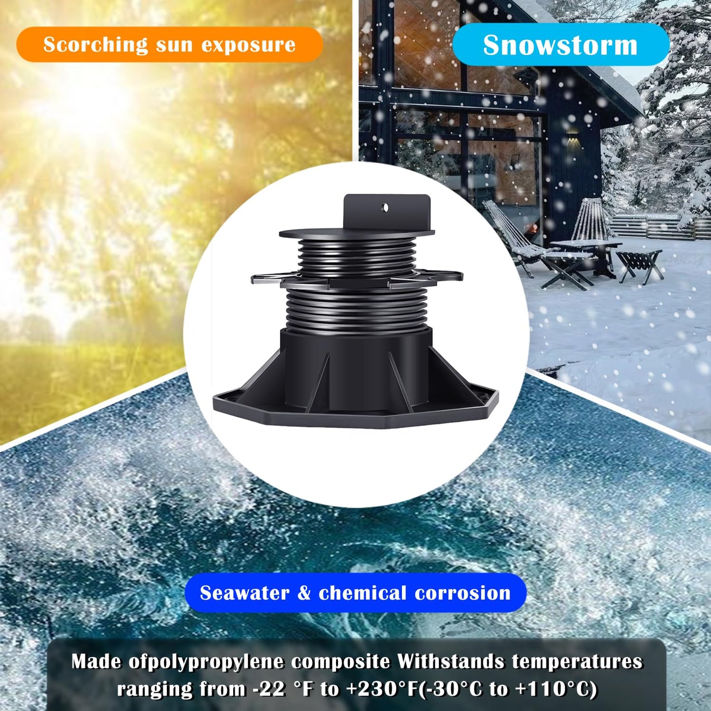 24 Pack Adjustable Deck Support Pedestal Deck Foundation Base Support，Used for Floating Deck Platform Deck Floor Height Adjustment Raising, Adjustment Raising from 2-3/8" to 5-1/2", Black