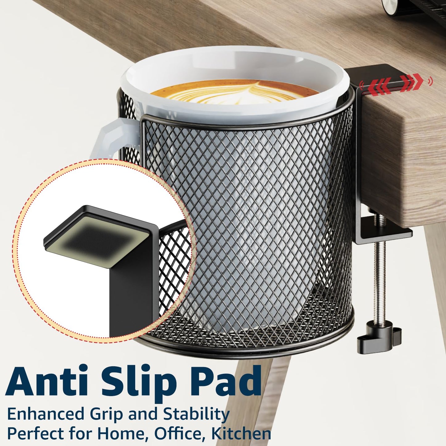 Large Desk Cup Holder, Fully Covered Anti-Spill Clip on Table Cup Holder, Office Gaming PC Desk Accessories, can Hold Universal Cup, Bottles, Mugs, Cans, Tumblers, 3.95" Inner Diameter(1 Pack Black)