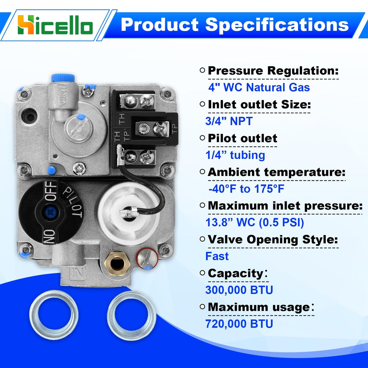 Hicello Replacement for Robertshaw 700-506 Millivolt Gas Valve - 700 Series 200,000 BTU/H Fast Opening, Compatible with Natural Gas Water Heaters, Furnaces & Commercial Gas Fryers