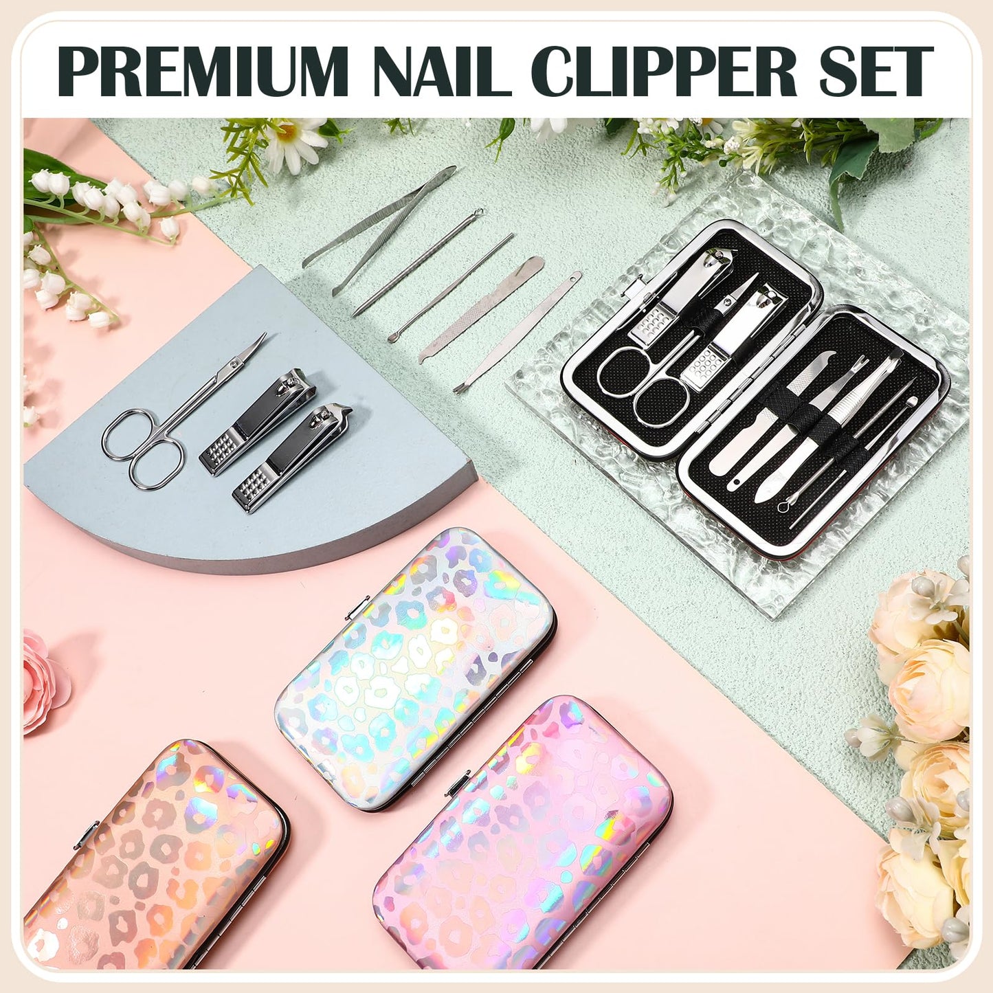 Leriton 30 Sets Bulk Gifts for Women Manicure Set Bulk Professional Nail Care Kit Nail Clippers Kit 8 in 1 Stainless Steel Pedicure Set with Travel Case for Women Men(Laser Leopard Print)