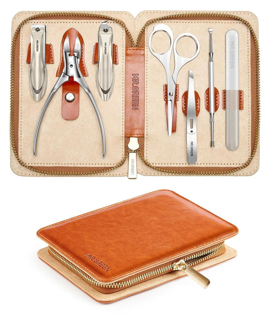 MR.GREEN 7 in 1 Manicure Set, German Stainless Steel Anti-Splash Nail Clippers Set, Professional Fingernail and Toe Nail Clippers Kit Full Nail Care Grooming Kit with Leather Case for Women and Men