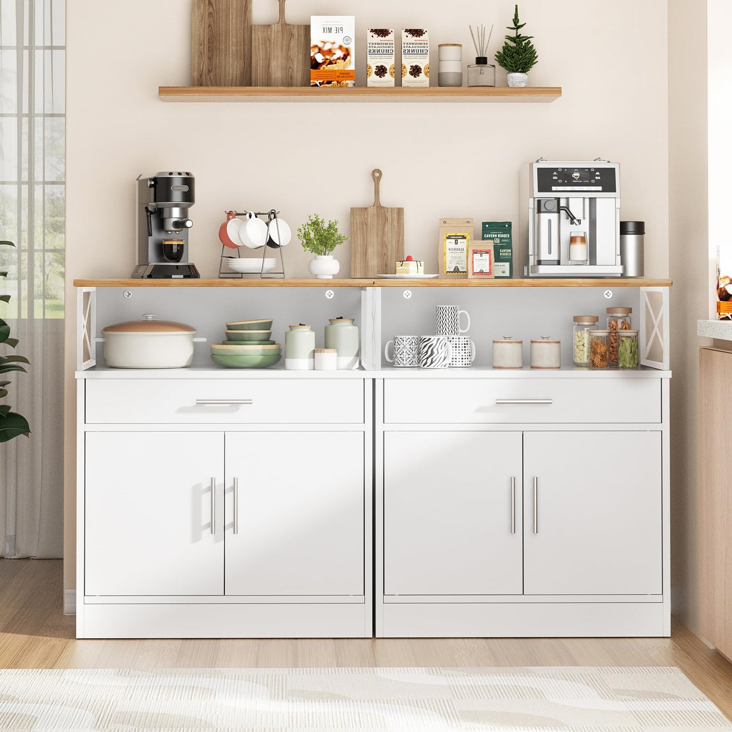 Shintenchi Kitchen Buffet Cabinet with Adjustable Shelf, Modern Kitchen Storage Cabinet,Farmhouse Coffee Bar Cabinet（White）