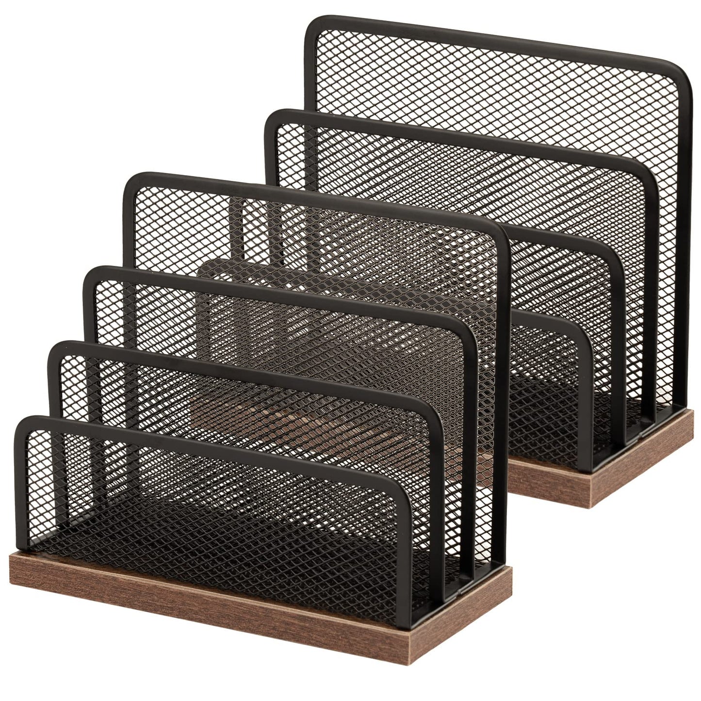 Wooden Desk Mail Organizer, Desktop File Organizer Metal Mesh with 3 Vertical Upright Compartments, Mail Sorter Letter Organizer Rack for Letters, Postcards, Brochures, Mail Holder (2 Pack Black)