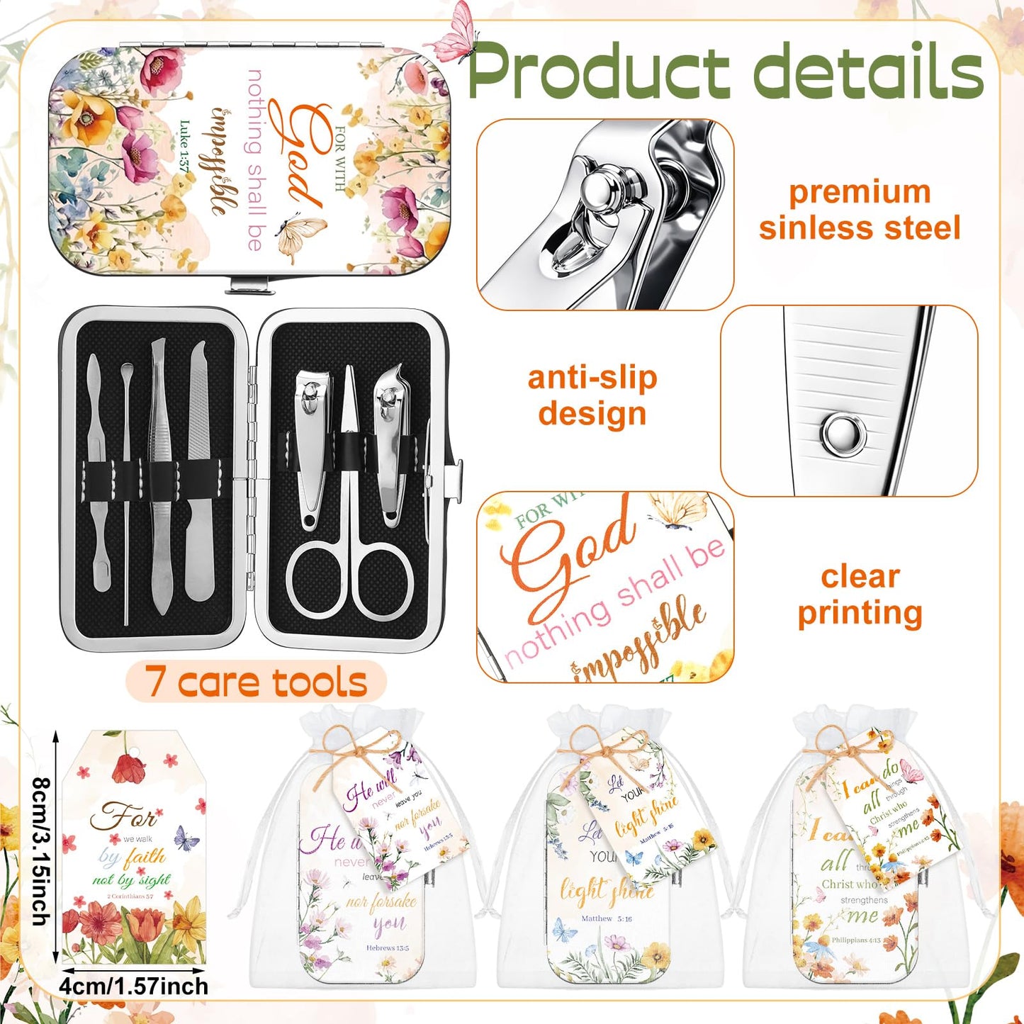 Shinymoon Manicure Sets Stainless Steel Nail Clipper Set with Card Religious Gift(36 Sets,Floral Style)