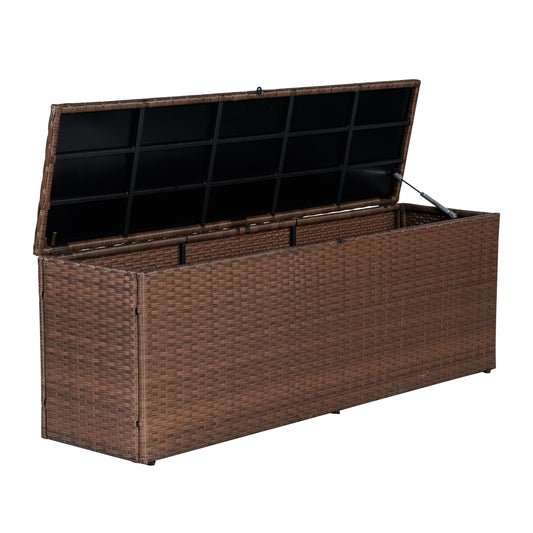 happimess TRK1002B Nino 59.06" Modern Minimalist Outdoor Faux Wicker Deck and Patio Storage Box, Brown, Soft-Close, for Package Delivery, Patio Furniture, Cushions, Gardening Tools, Pool Supplies