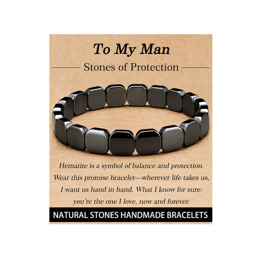 HEYOLL Hematite Bracelet Men Natural Stones Handmade Bracelets Hematite Stone Healing Bracelet, Mens Bracelet Gifts for Husband Brithday Valentines Day Gifts for Men