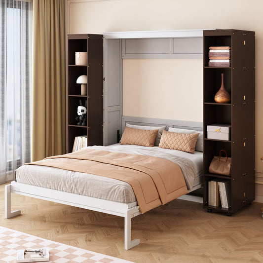 Ball & Cast Murphy Bed Queen Size,Wood Hidden Wall Bed with 2 Sides Push-Pull Foldable Storage Cabinets, Multifunctional Cabinet Bed Frame for Bedroom,Guest Room,Space Saving,Espresso
