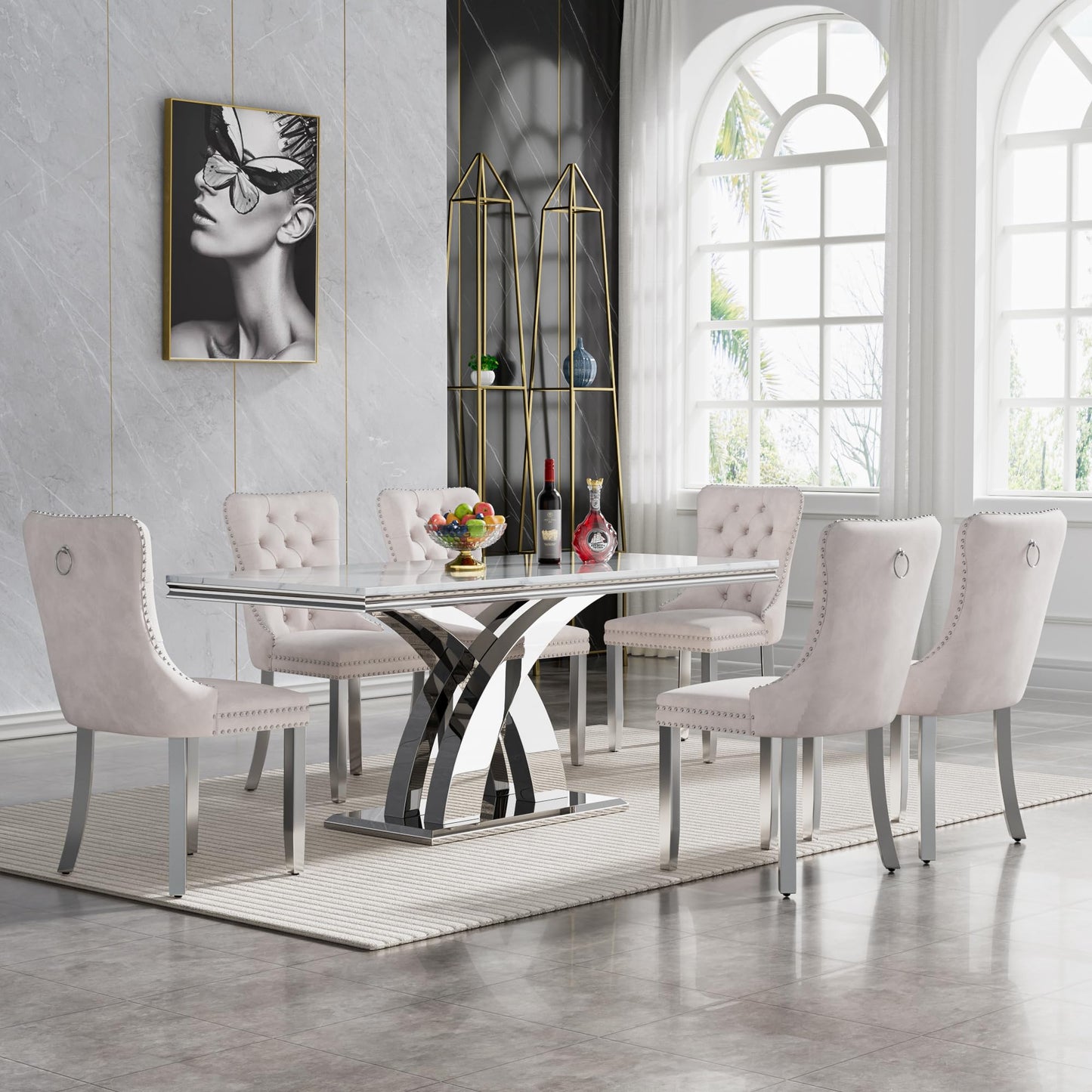 68" White Marble Dining Table Set for 6, Modern 7-Piece Faux Marble Kitchen Dining Room Table Set w/Steel X-Base & 6 Beige Velvet Dining Chairs, Luxury Silver Kitchen Table and Chairs Set of 6
