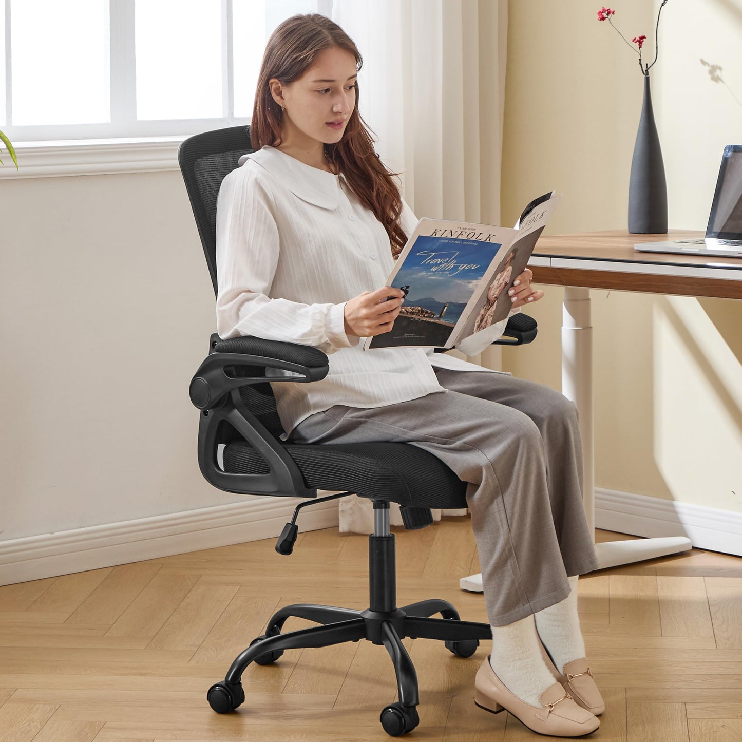 Nexthro Ergonomic Office Chair, Desk Chair with Adjustable Lumbar Support, Breathable Mesh Comfy Computer Chairs with Flip-up Armrests Executive Task Chair for Adults Home Office(Black)