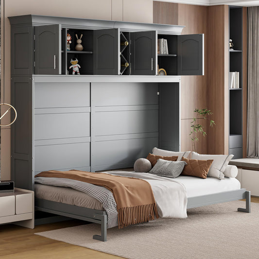 Merax Queen Size Murphy Bed, Foldable Wall Bed with Storage Cabinet, Dual Piston Metal Mechanism & Wooden Slats, No Box Spring Needed, Space-Saving for Small Apartment, Studio, Guest Room, Gray