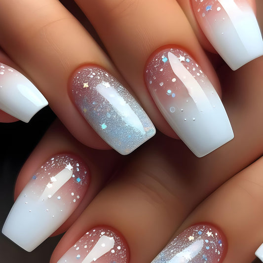 Square Press on Nails Medium Fake Nails Blue Ombre False Nails with Glitter Designs Polygon Sequins Acrylic Glue on Nails with Blue White Gradient Glitter Bling Stick on Nails for Women Girls 24 Pcs