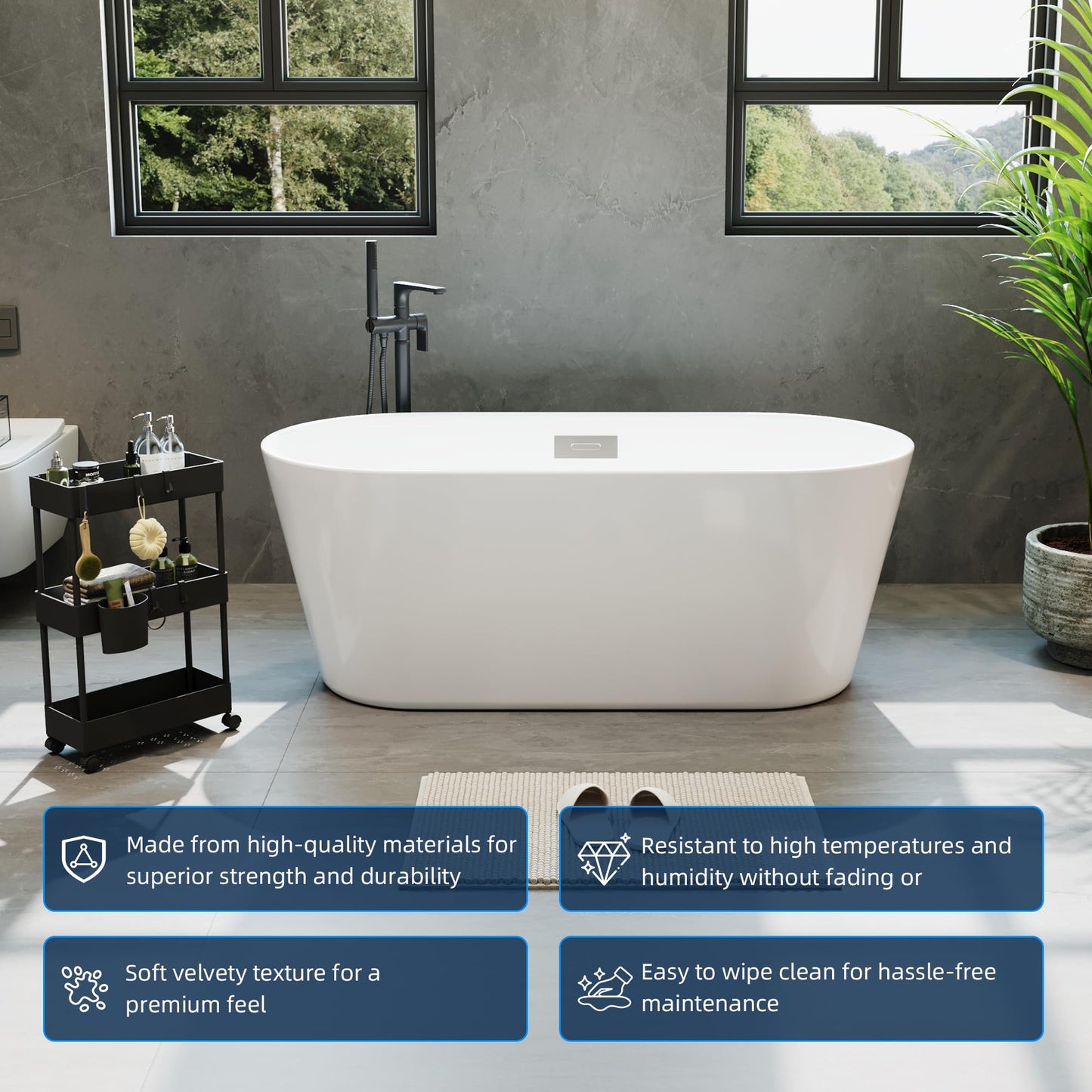 59'' Freestanding Bathtub, Deep Soaking Tub for Adults, Stand Alone Tub with Integrated Overflow Drain, cUPC Certified Modern Bathroom Tub, Acrylic, White