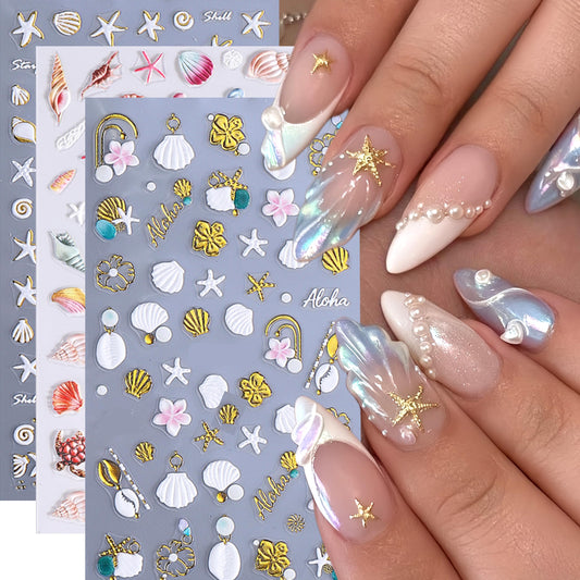 3 Sheets Summer Beach Ocean Nail Art Stickers 5D Embossed Summer Nail Decals Starfish Flower Seashell Nail Stickers Summer Sea Beach Nail Design Hawaiian Flower Nail Supplies for Women Manicure DIY
