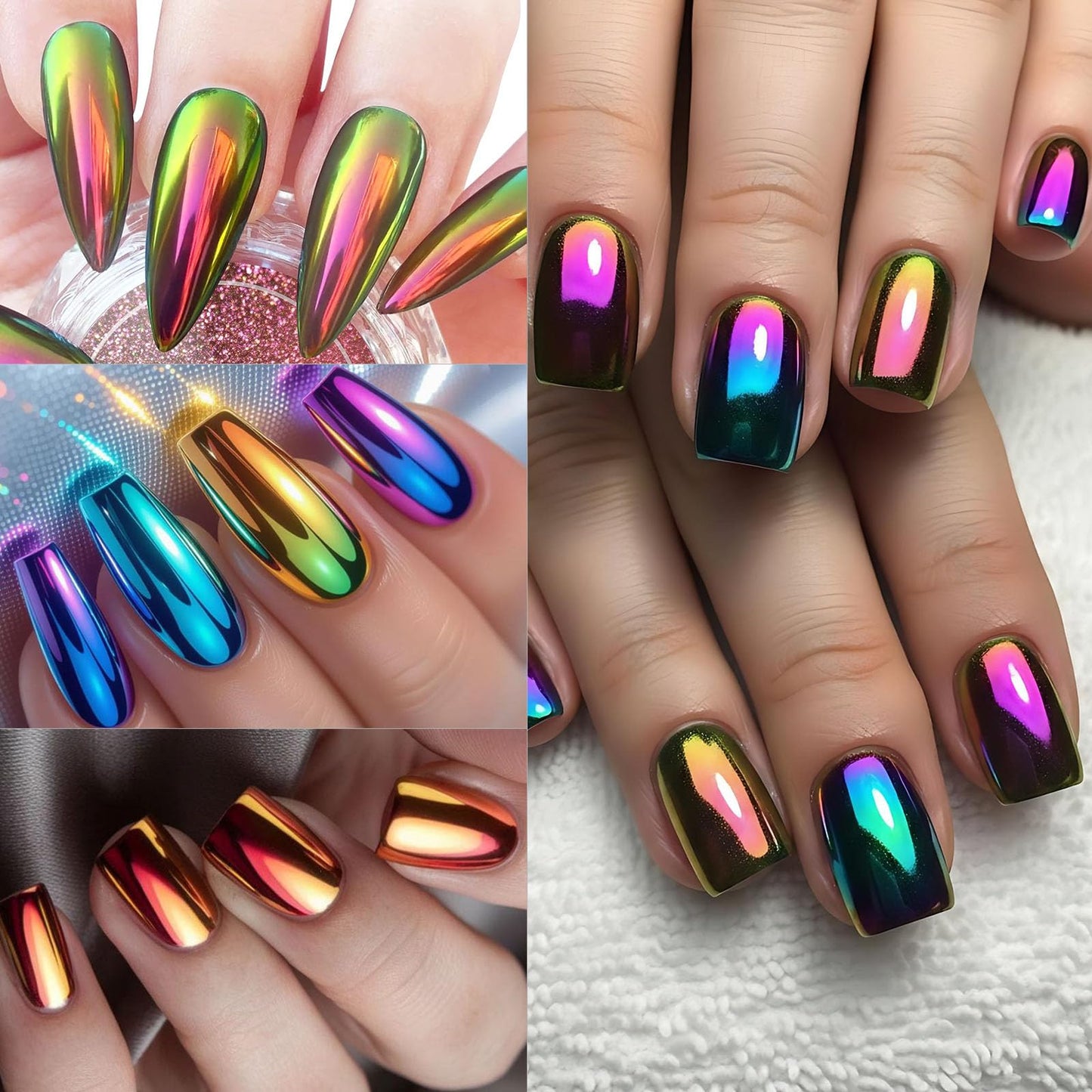 Chameleon Chrome Nail Powder,4pcs Magic Mirror Nail Glitter Pigment with Sponge Metallic Rubbing Dust Y2K Nail Gel Polish Galaxy Effect Salon-Quality Long-Lasting Nail Design