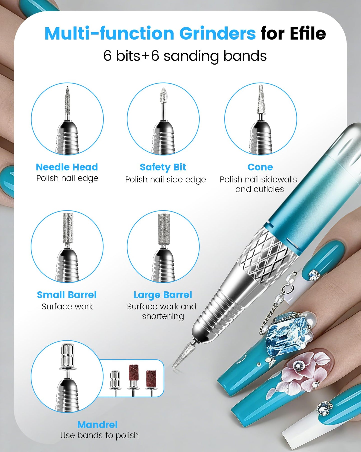 Nail Filer Electric Nail Drill Professional, Kisufu 45000 RPM Rechargeable Efile Nail Drill Kit with Smart Led, 3600mAh, Portable Nail Grinder for Salon Home Use, Women's Day Gifts (Blue).