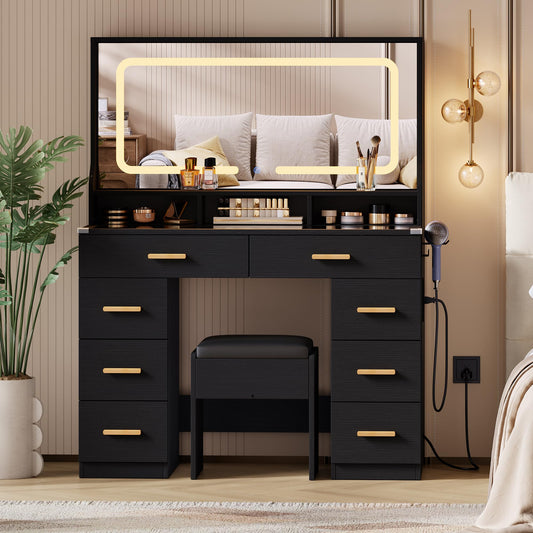 GarveeHome Makeup Vanity Desk with LED Mirror & Charging Station, 42" Dressing Table with Cushioned Stool, Glass Top & 8 Drawers & Hairdryer Rack, for Modern Bedroom Dressing Room, Black