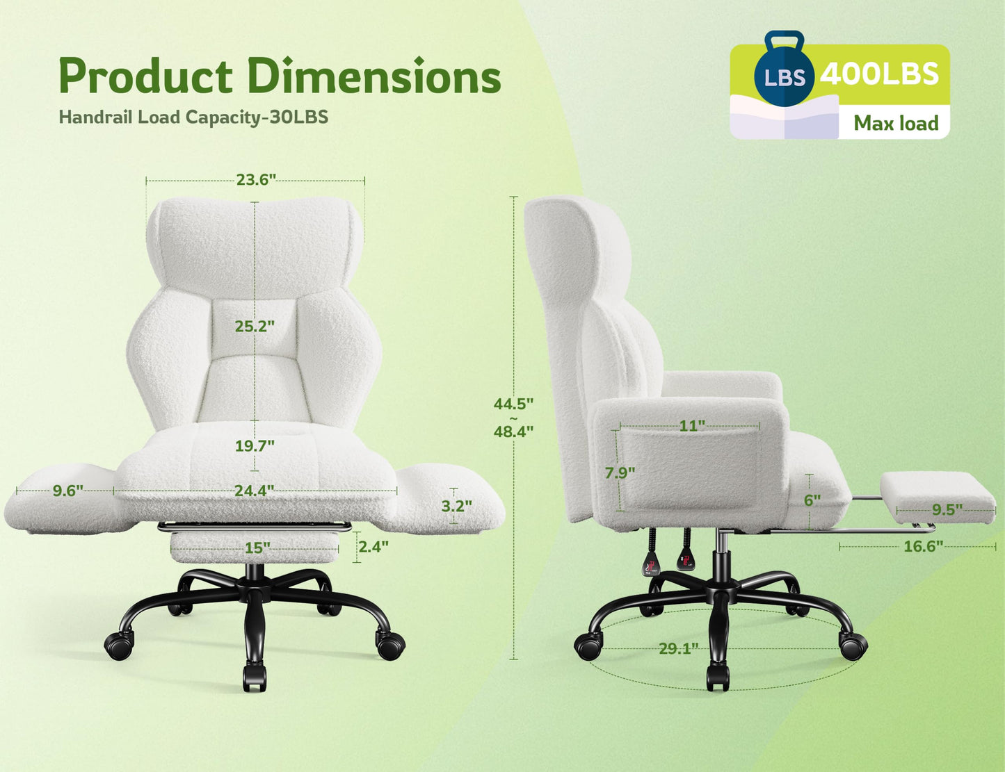 DurayLoly Big and Tall Office Chair with Adjustable Arms and Back, Ergonomic Office Chair with Footrest and Comfortable Fabric for Home Office, Bedroom,White