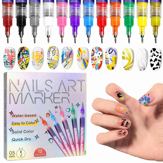 Nail Art Pens for Girls | 12 Colors Pen with 10 Nail Extension | Non-Toxic Waterproof Quick Drying Markers | 0.5mm Fine Tip 3D Design Acrylic Gel Pens | Easy Manicure Tools for Beginners & Salon Use