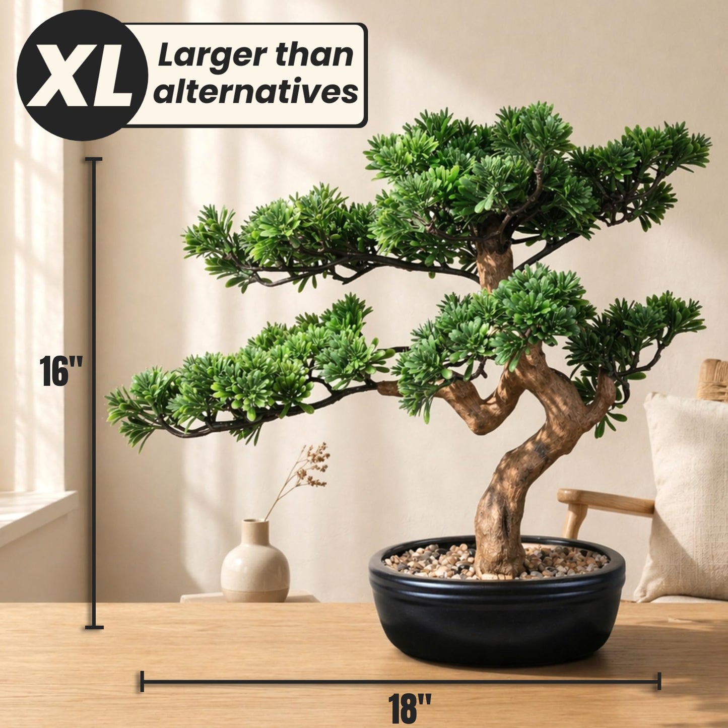 Artificial Bonsai Tree 16" Tall with Realistic Wood and Ceramic Pot, Fake Plants for Home, Bedroom and Office Desk, Japanese Decor