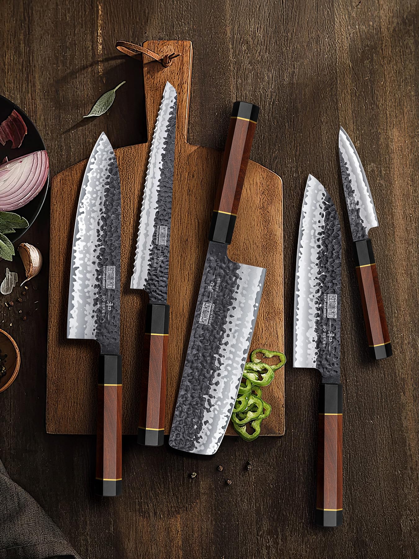 HOSHANHO 5 Pieces Knife Set, Japanese High Carbon Steel Kitchen Knife Sets, Professional Ultra Sharp Chef Knives Set with Ergonomic Rosewood Handle